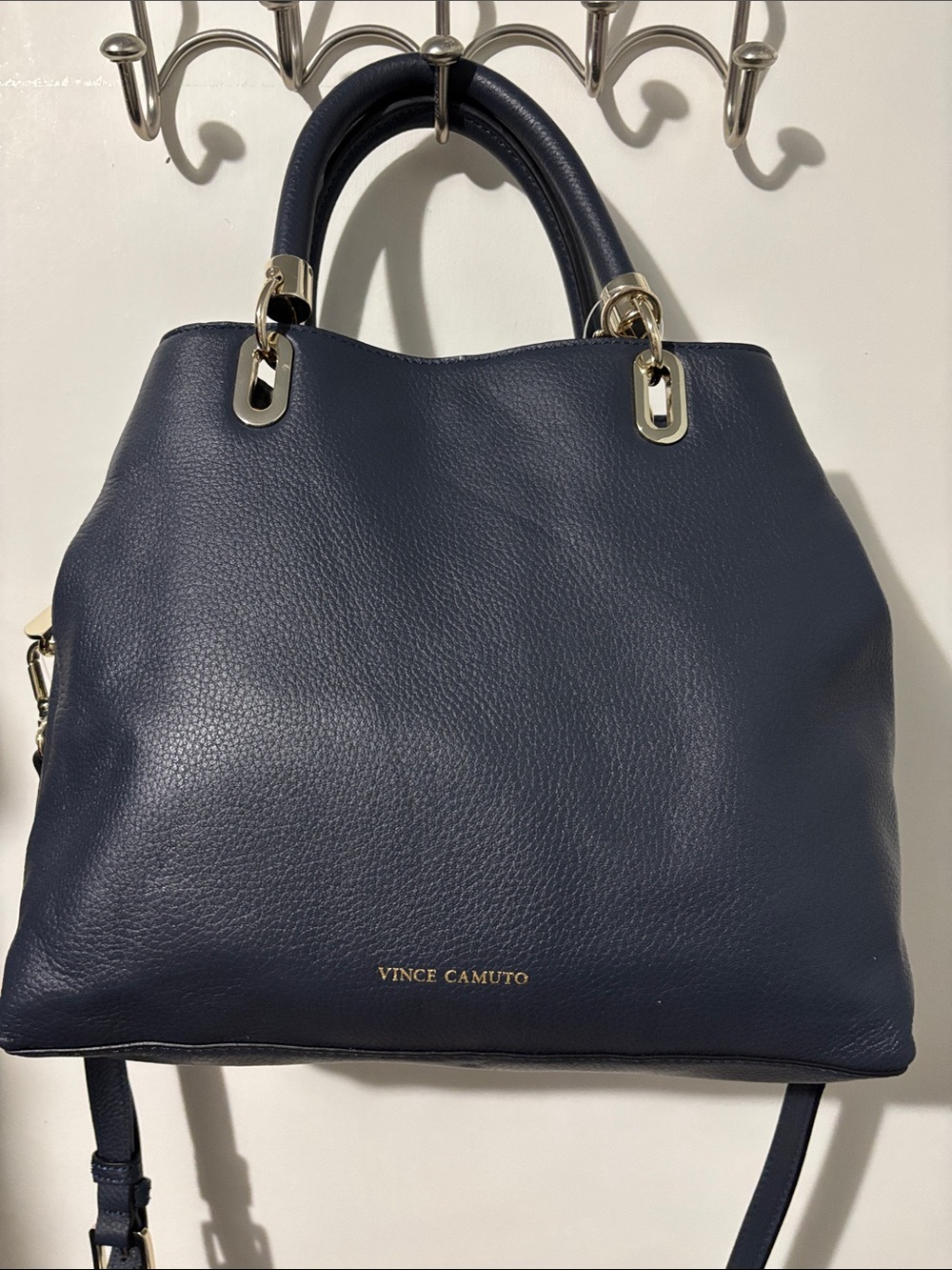 Vince Camuto Navy Pebbled Leather Satchel with Gold Accents.